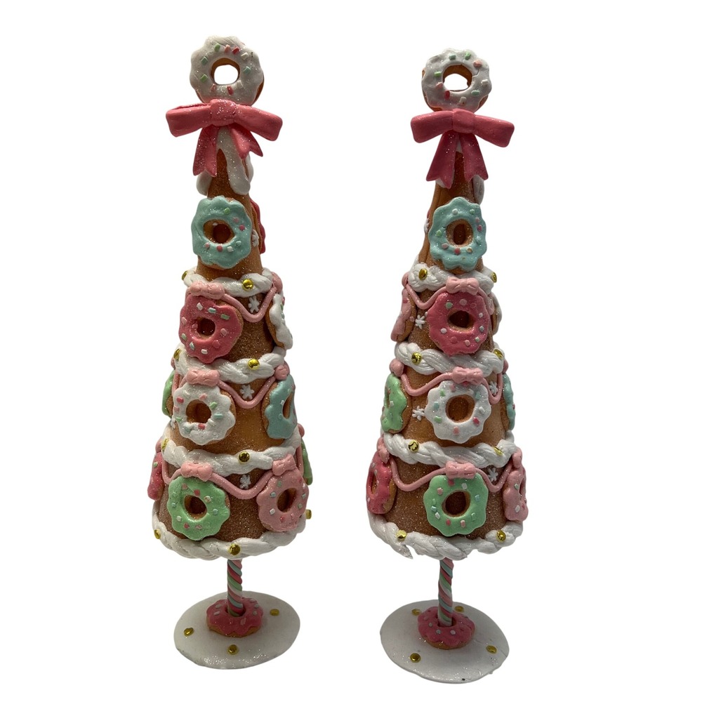 Peppermint Square Claydough Gingerbread Tree set of 2 Pastel Donut 14x4" Holiday